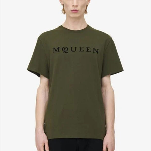 Alexander Mcqueen Mens Flocked Logo T-Shirt in Green Cotton - Size Large