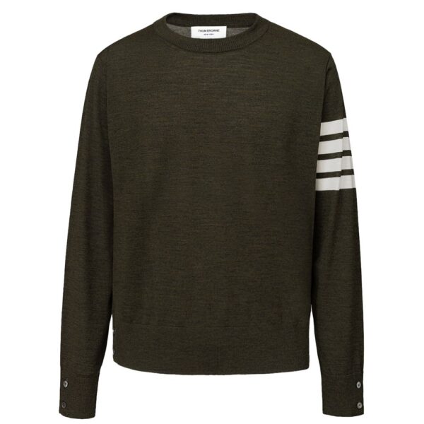 Thom Browne Mens Crewneck Sweater Four Bar Stripe - Dark Green Wool - Size 2XS