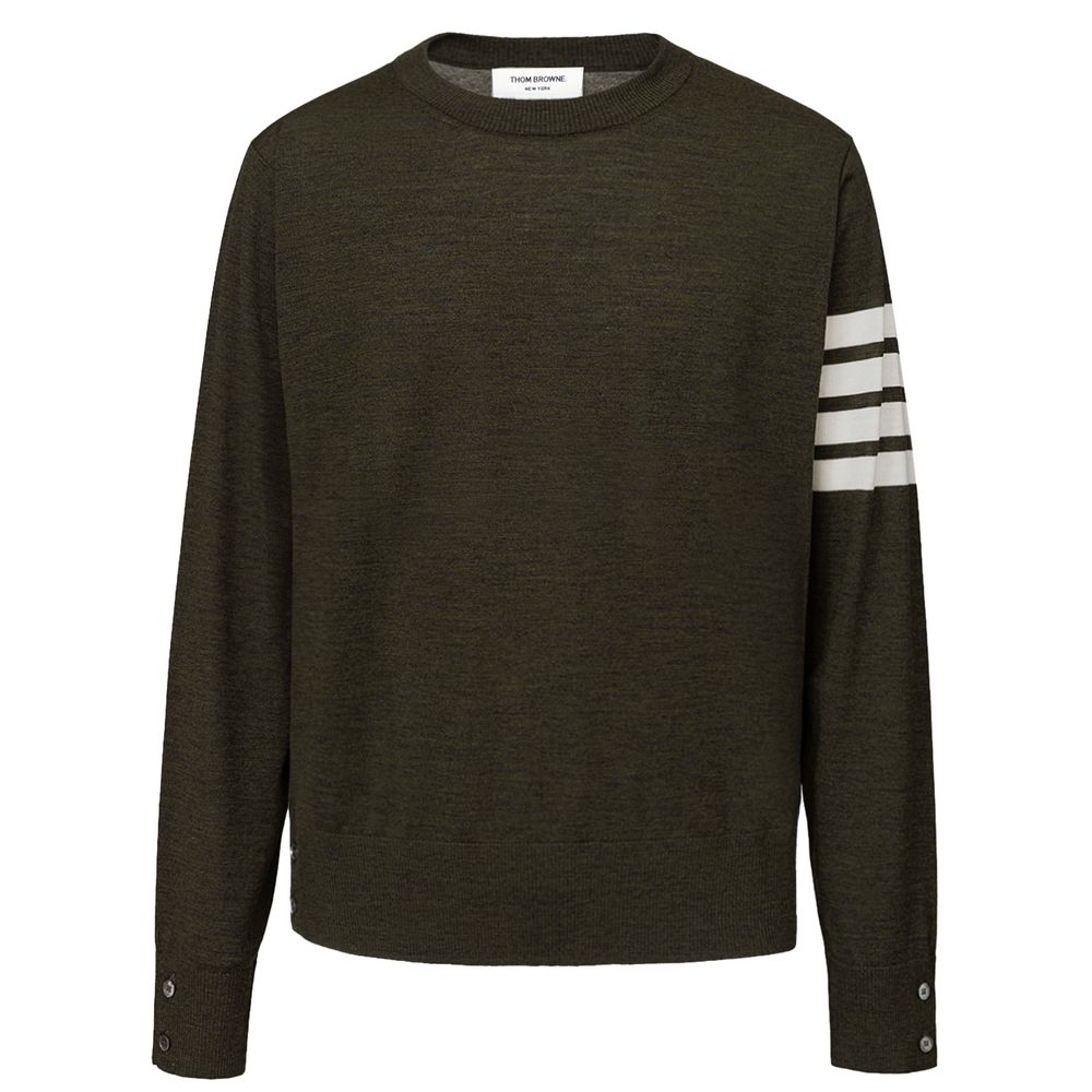 Thom Browne Mens Crewneck Sweater Four Bar Stripe - Dark Green Wool - Size 2XS