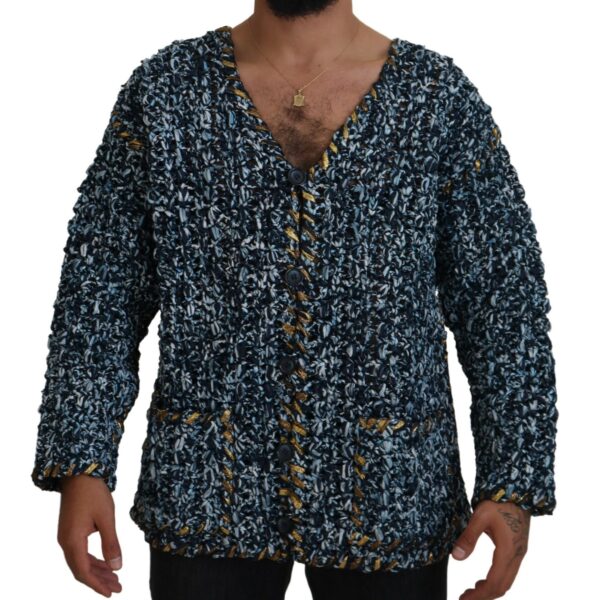 Dolce & Gabbana Mens Knit Cardigan Gold Trim Relaxed Fit - Dark Blue - Size Small