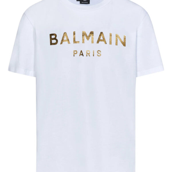 Balmain Mens Gold Logo Printed T-Shirt in White Cotton - Size X-Large