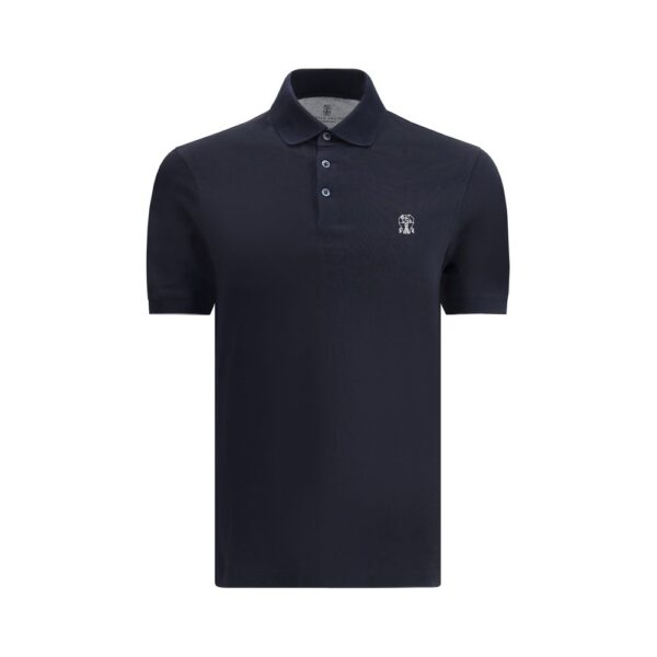 Brunello Cucinelli Mens Cotton Polo Shirt With Ribbed Collar And Front Buttons - Dark Blue - Size Medium