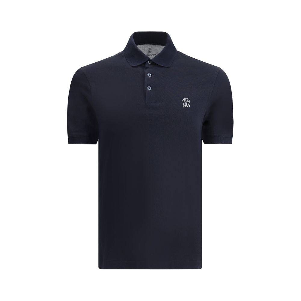 Brunello Cucinelli Mens Cotton Polo Shirt With Ribbed Collar And Front Buttons - Dark Blue - Size Medium