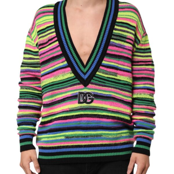 Dolce & Gabbana Mens Striped Vneck Logo Sweater - Black Wool - Size Medium