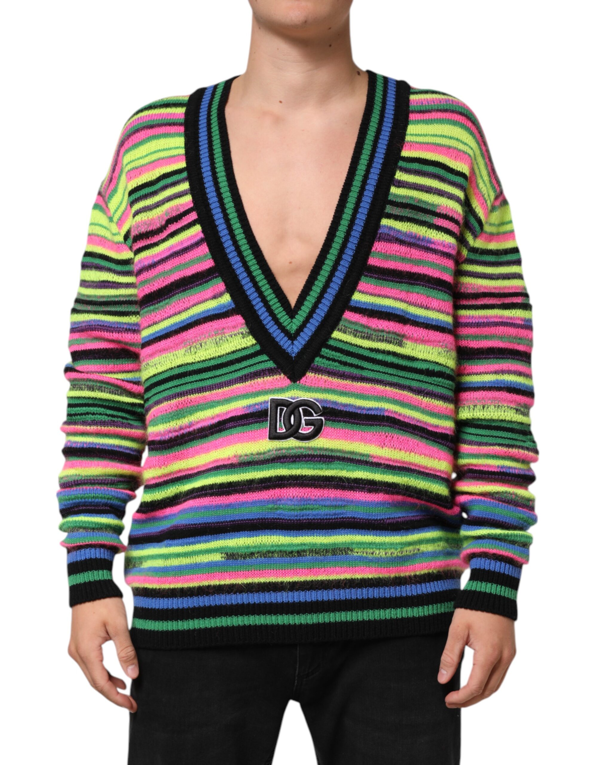 Dolce & Gabbana Mens Striped Vneck Logo Sweater - Black Wool - Size Medium