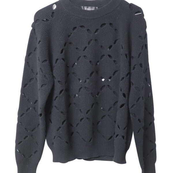 Versace Pre-owned Mens Laser Cutout Sweater in Black Wool - Size Medium