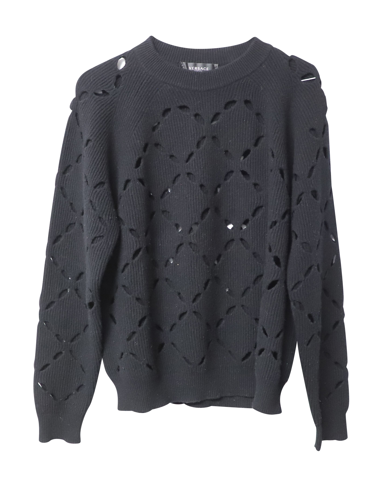 Versace Pre-owned Mens Laser Cutout Sweater in Black Wool - Size Medium
