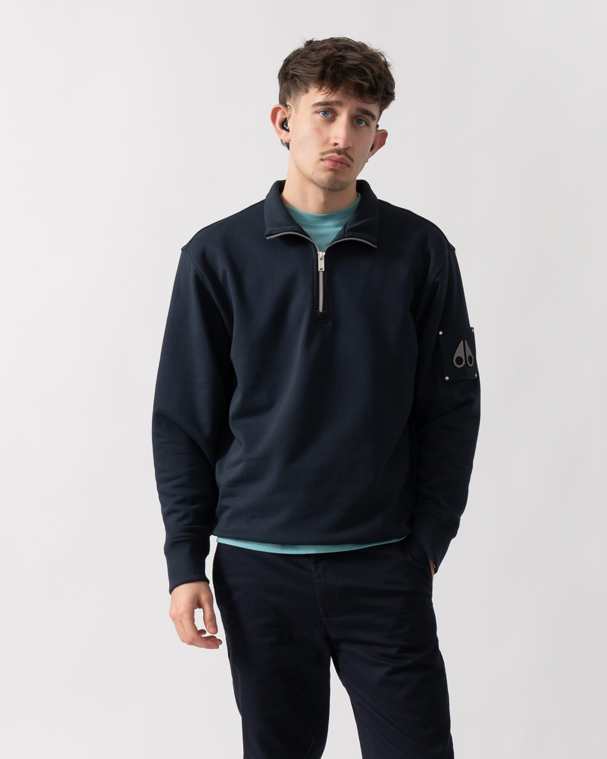 Moose Knuckles Mens Hartsfield 1/4 Zip Sweatshirt in Dark Blue Cotton - Size Medium