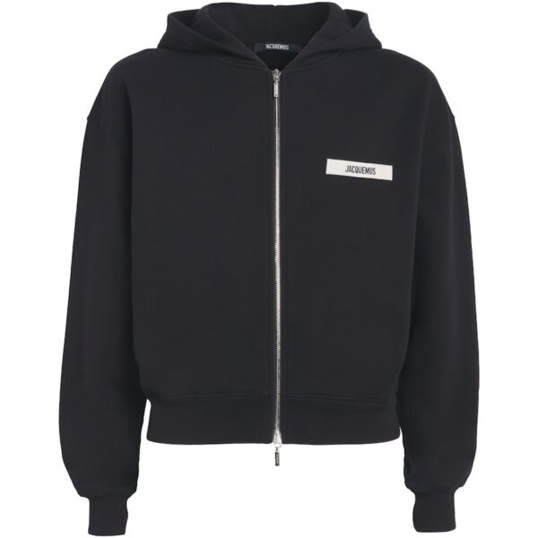 Jacquemus Mens Grosgrain Logo Zip-Up Hoodie - Black Cotton - Size Medium