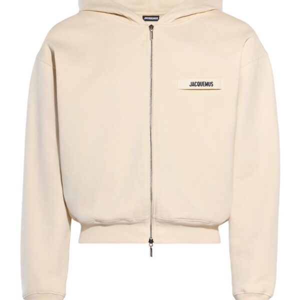 Jacquemus Mens Grosgrain Logo Zip-Up Hoodie - Beige Cotton - Size Large