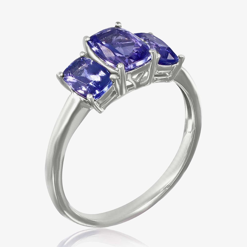 Gold Impression 9ct White Gold Cushion Cut Tanzanite Three Stone Ring DOM335 P