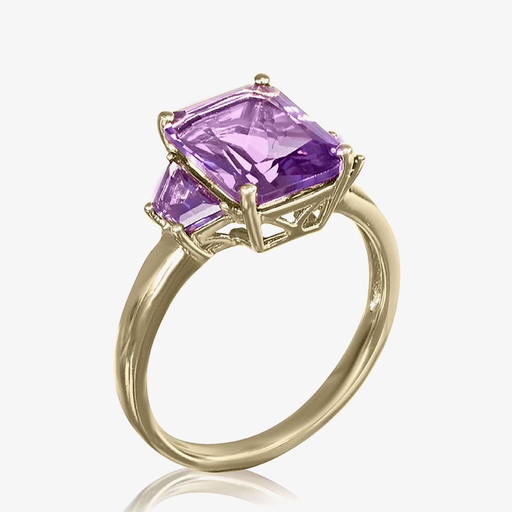 Gold Impression 9ct Yellow Gold Fancy Cut Amethyst Three Stone Ring DOM350 P