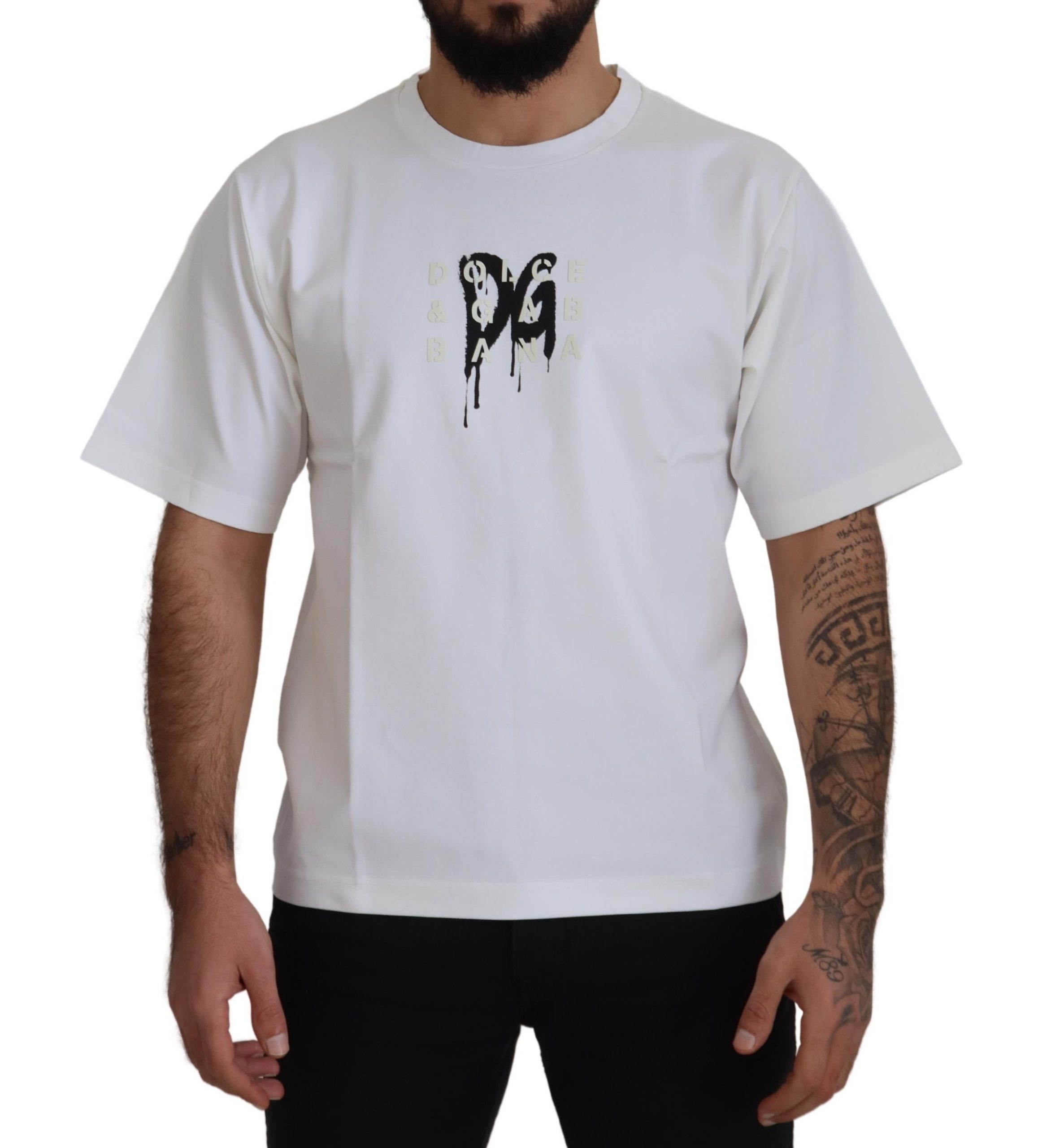 Dolce & Gabbana Mens Graffiti Logo Print with Rubber effect T-Shirt in White Cotton - Size Small
