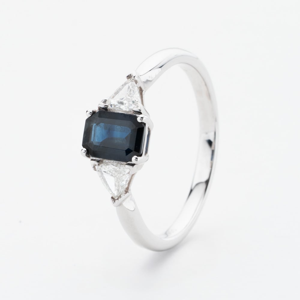 Platinum 1.15ct Emerald Cut Sapphire & 0.33ct Trillion Cut Diamond Ring R-44662-SA-PT