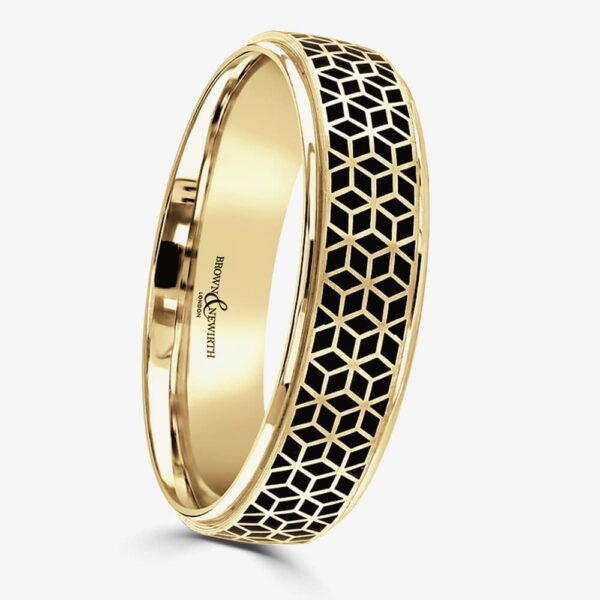 Brown & Newirth Geo 18ct Yellow Gold Black Ceramic Patterned 5mm Ring C6ZNP50 5.0 18Y T