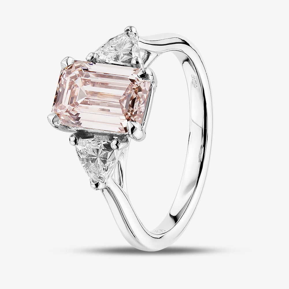 Platinum Certified 2.72ct Pink Emerald Cut Lab Grown Diamond Trilogy Ring HLM516-3SEC08 M