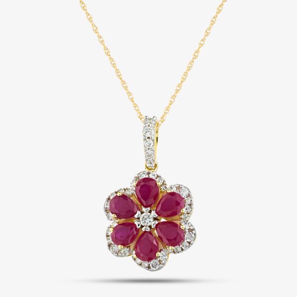 9ct Yellow Gold Certificated Lab Grown 1.50ct Ruby & 0.25ct Diamond Flower Pendant Necklace LGP44563-RD