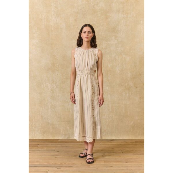 Ariane Sleeveless Dress with Fine Stripes and Embroidery Detail
