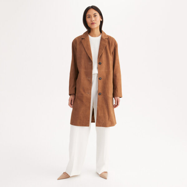 Suede Long Coat with Button Fastening, Mid-Season