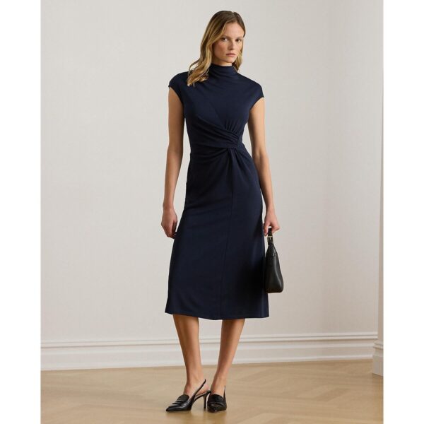 Bertuno Midi Dress with High Neck and Short Sleeves