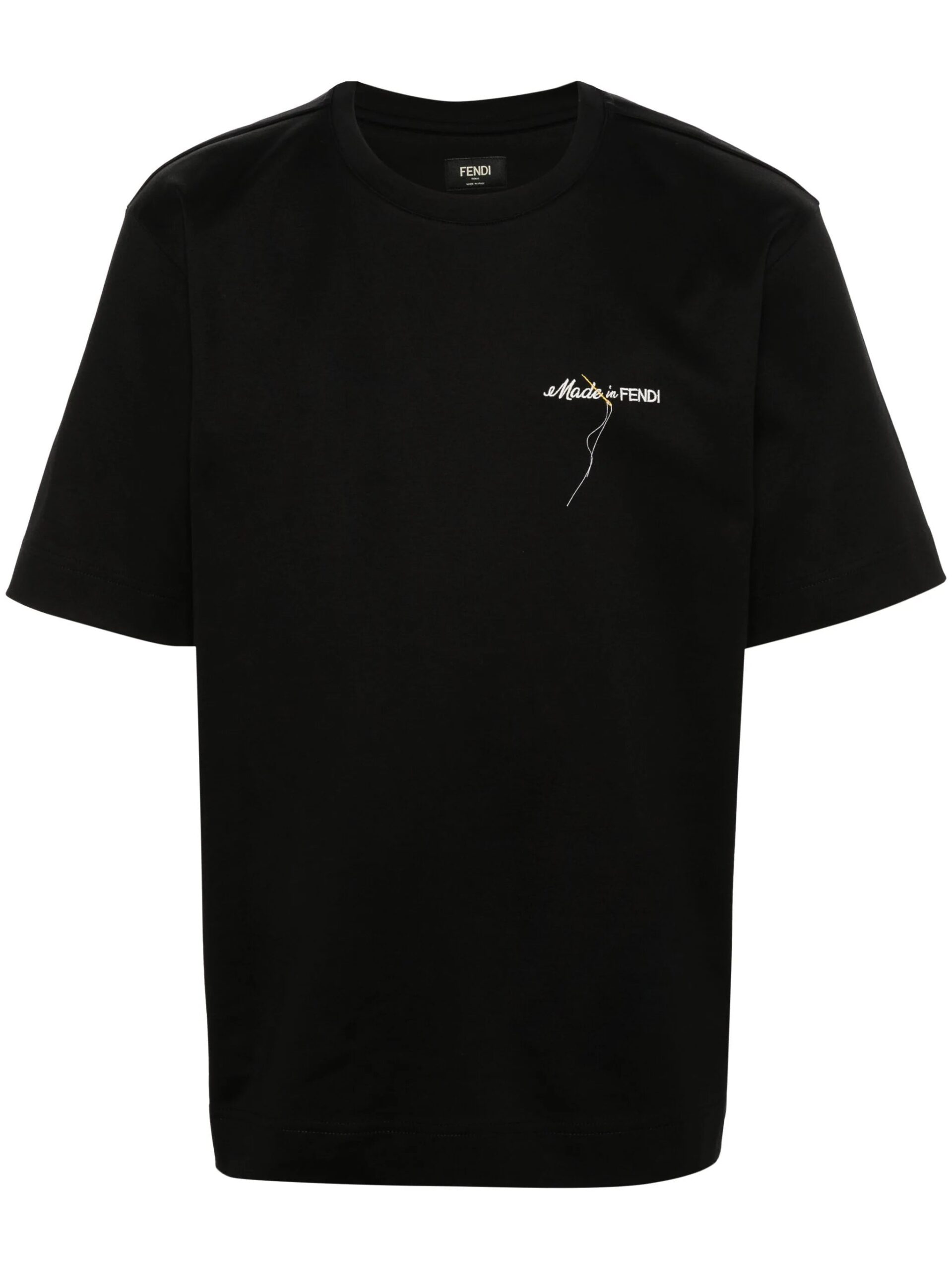 Fendi Mens Made in Logo Embroidered T-Shirt in Black - Size Small