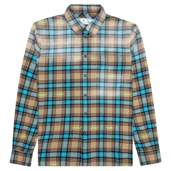 Off-White Mens Helvetica Pattern Camel Beige Flannel Shirt Cotton - Size Large