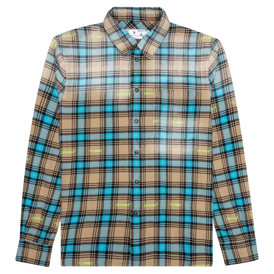 Off-White Mens Helvetica Pattern Camel Beige Flannel Shirt Cotton - Size Large