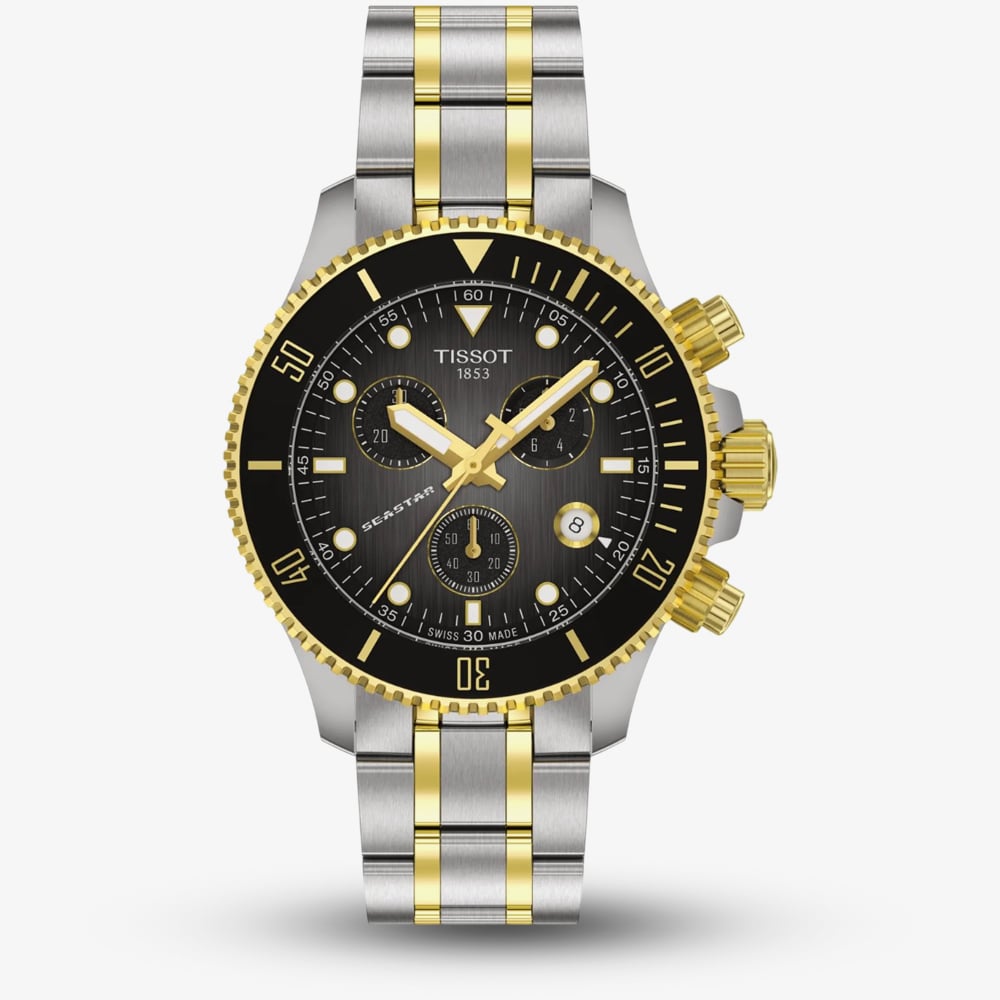 Tissot Mens Seastar Two Tone Chronograph Black Dial Watch T120.217.22.061.00