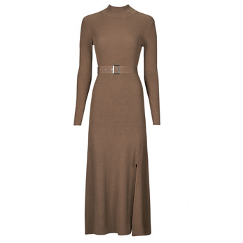 Karl Lagerfeld  LSLV BUCKLE BELT KNIT DRESS  women's Long Dress in Beige