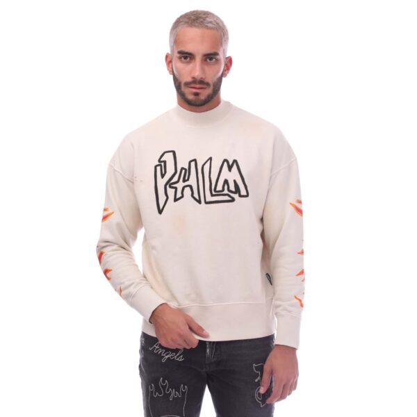 Palm Angels Mens Garment Dye Graffiti Flames Crewneck Sweatshirt in Off White Cotton - Size Small
