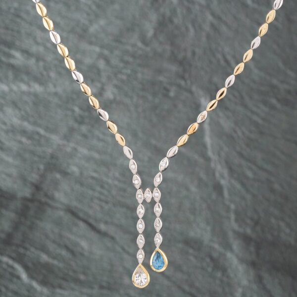Pre-Owned 14ct Three Colour Gold Aquamarine & Cubic Zirconia 18 Inch Chain Necklace 41141969