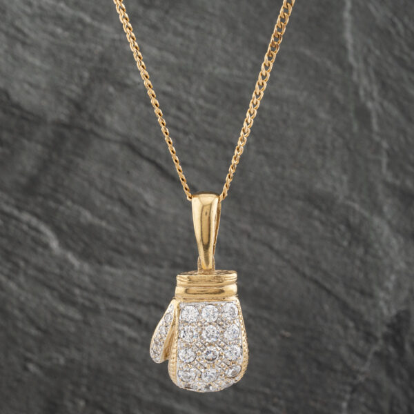 Pre-Owned 9ct Yellow Gold Cubic Zirconia Large Boxing Glove Pendant & 20 Inch Curb Chain 41142306
