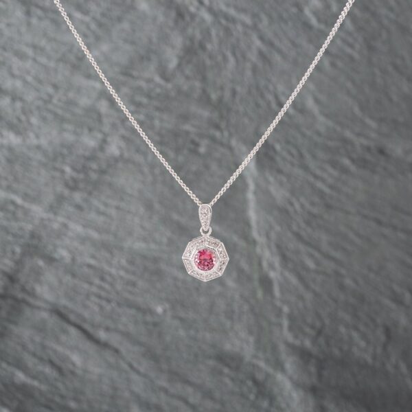 Pre-Owned 9ct White Gold Tourmaline & 0.10ct Diamond Octagonal Pendant & 16 Inch Curb Chain 41142579