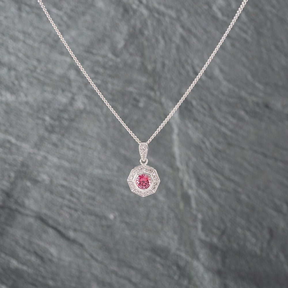 Pre-Owned 9ct White Gold Tourmaline & 0.10ct Diamond Octagonal Pendant & 16 Inch Curb Chain 41142579