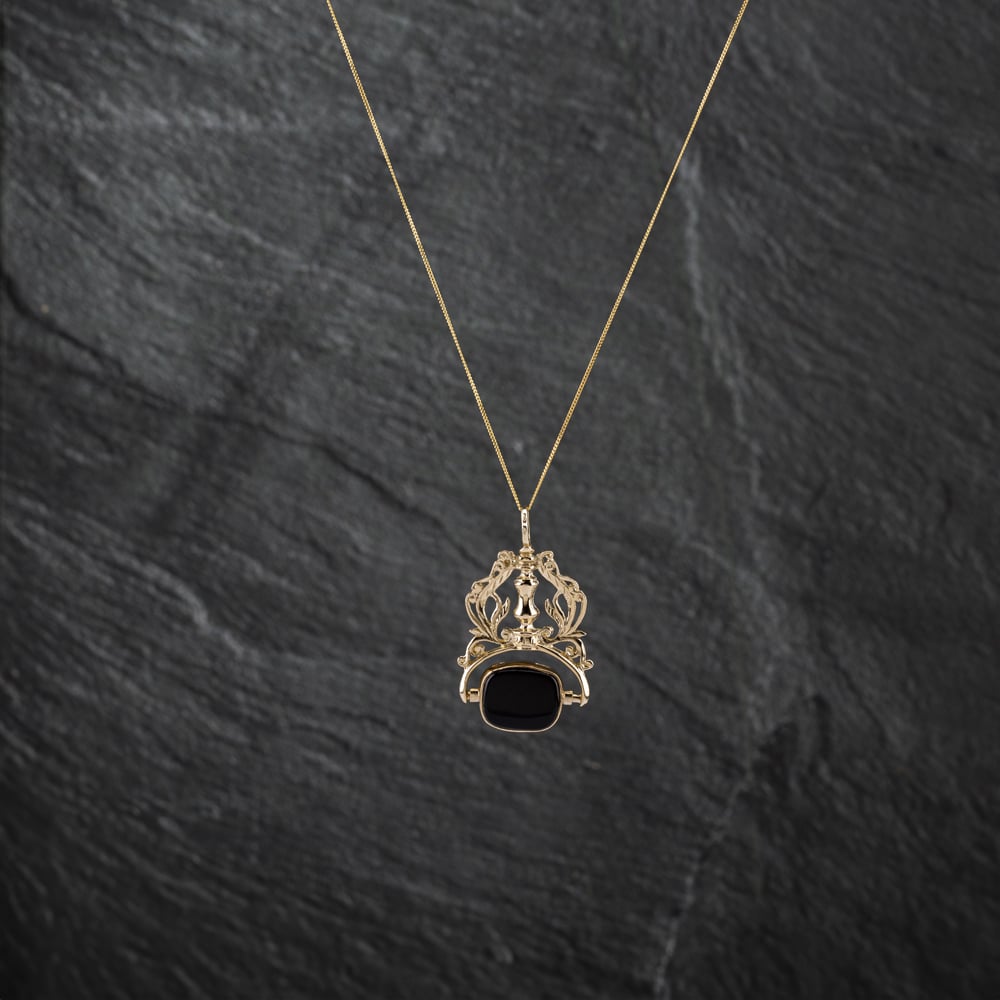 Pre-Owned 9ct Two Colour Gold Clogau Onyx And Dragon Marked Swivel Fob Pendant & 18 Inch Curb Chain 41142798