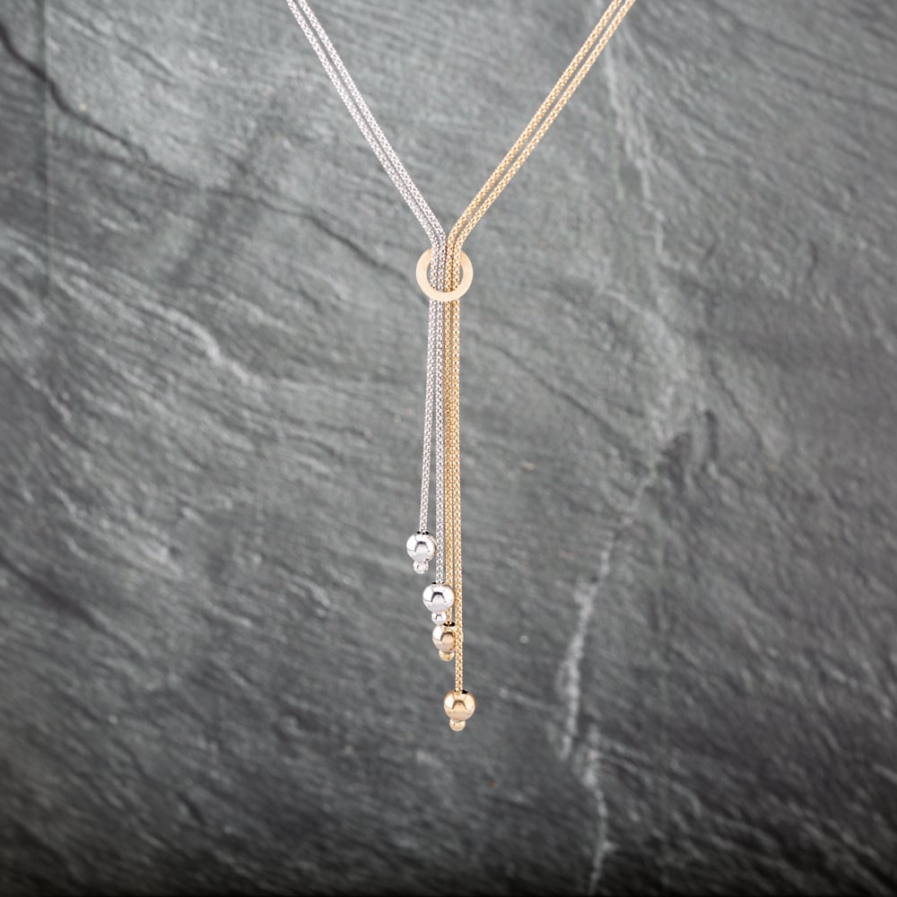 Pre-Owned 9ct Two Colour Gold Bead Dropper Pendant & 18 Inch Snake Chain 41143075