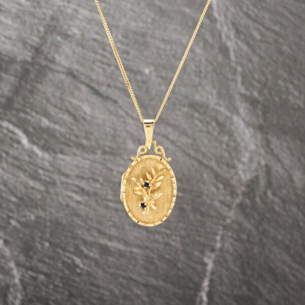 Pre-Owned 9ct Yellow Gold Sapphire Oval Flower Locket Pendant & 18 Inch Curb Chain 41143093