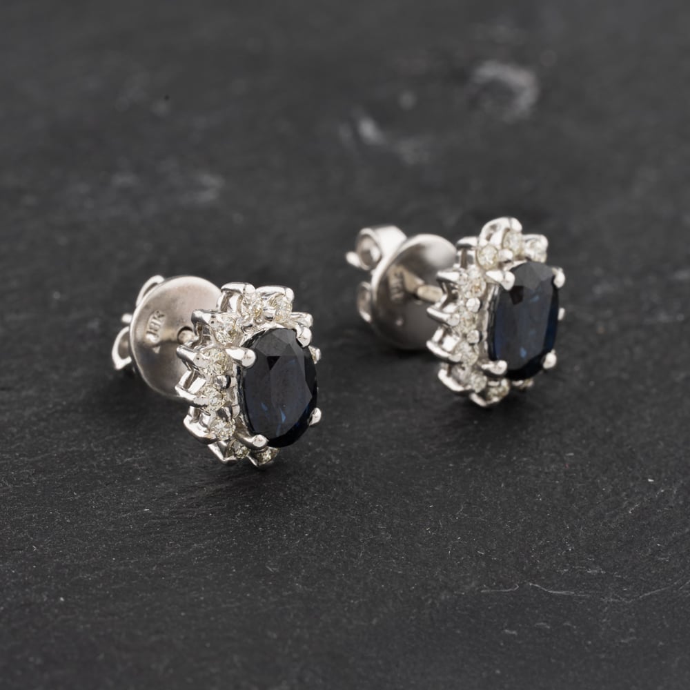 Pre-Owned 9ct White Gold Sapphire & Brilliant Cut Diamond Oval 11mm Stud Earrings 41172606