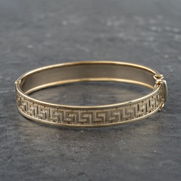 Pre-Owned 9ct Two Colour Gold Greek Key Design Standard Hinged Bangle 41211342