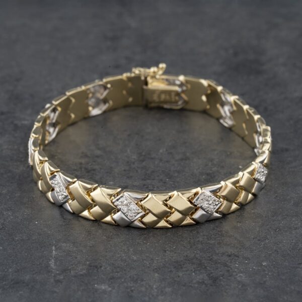 Pre-Owned 14ct Two Colour Gold Cubic Zirconia Set Woven Link 7.5 Inch Bracelet 41281450