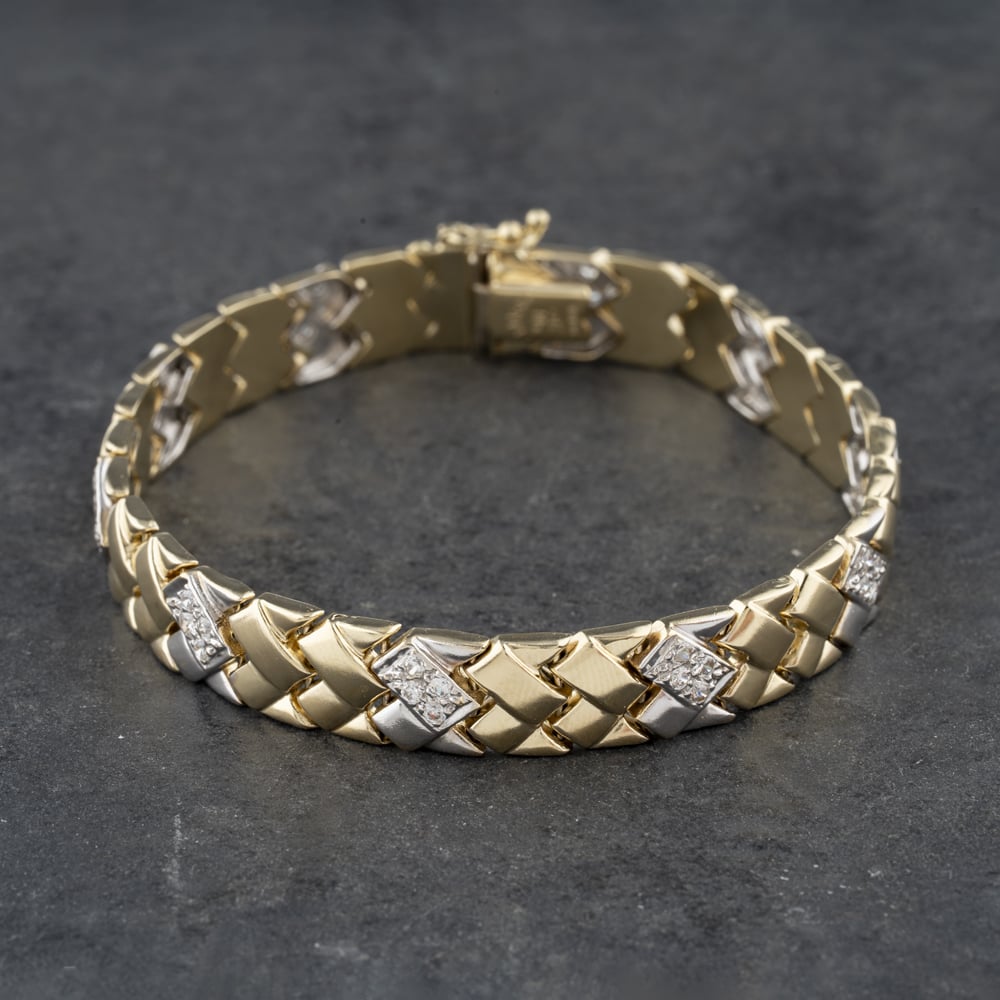 Pre-Owned 14ct Two Colour Gold Cubic Zirconia Set Woven Link 7.5 Inch Bracelet 41281450