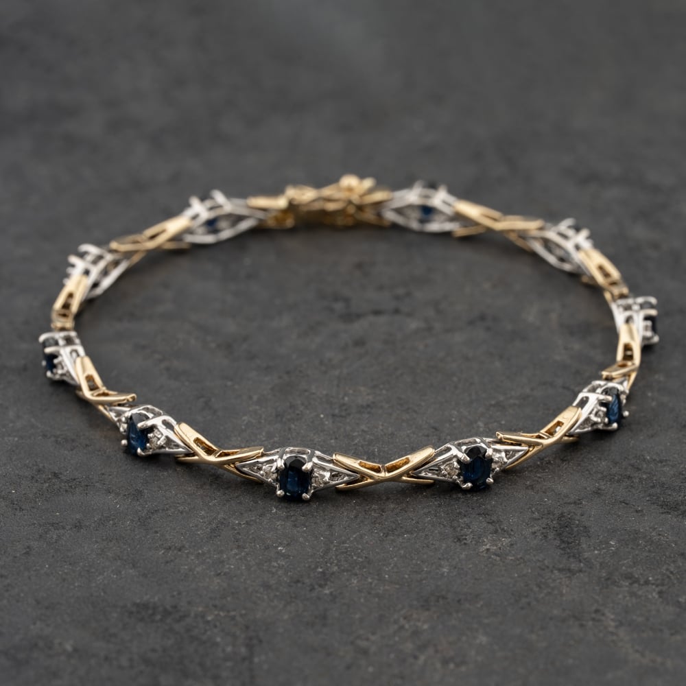 Pre-Owned 18ct Two Colour Gold Sapphire & 0.33ct Diamond Set 7.5 Inch Bracelet 41281585