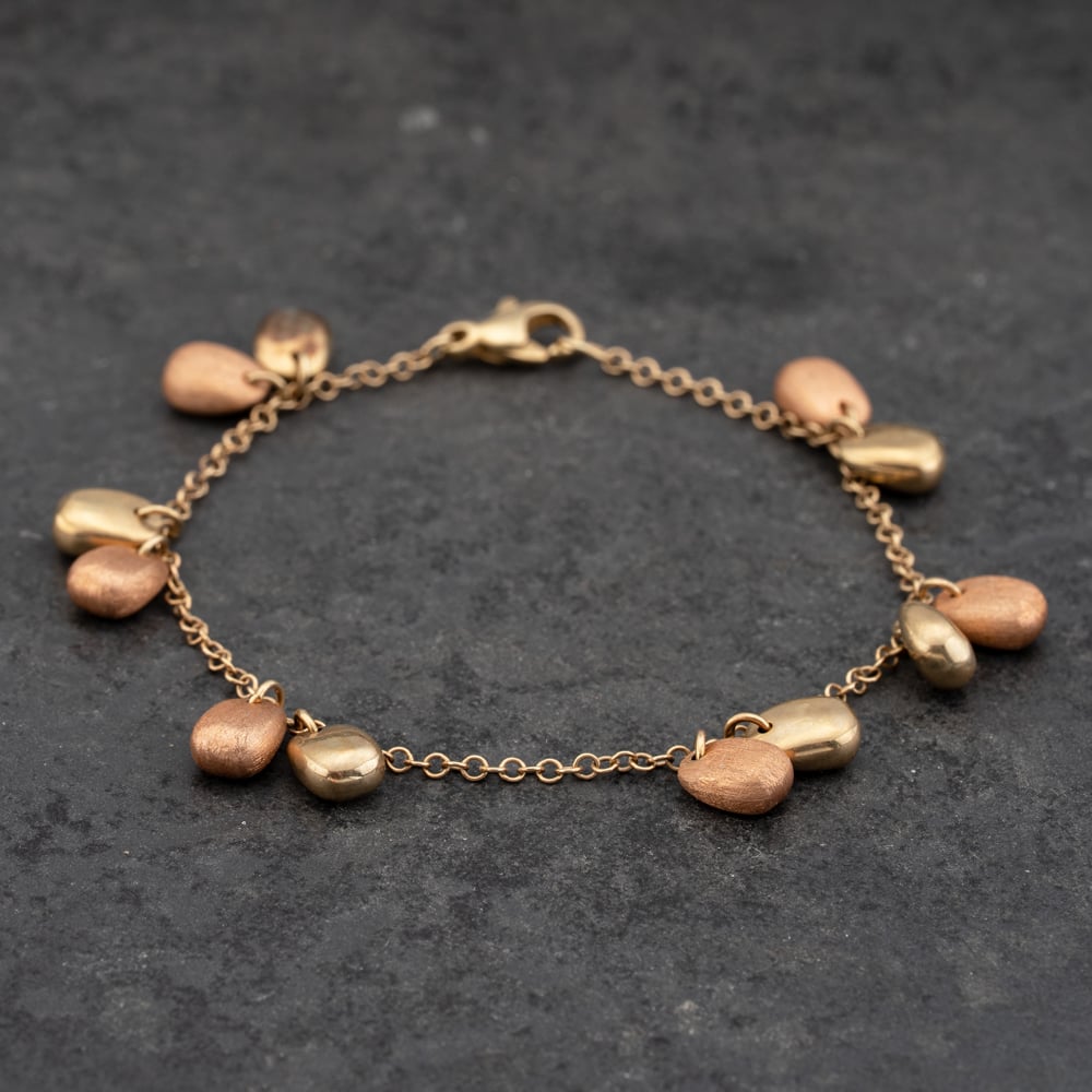 Pre-Owned 9ct Two Colour Gold Dropper 7.5 Inch Trace Bead Bracelet 41281709