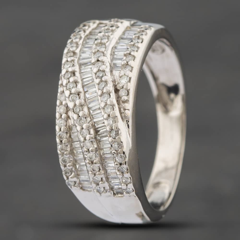 Pre-Owned 9ct White Gold Round & Baguette Cut Diamond Crossover Five Row Ring 41381783