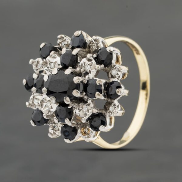 Pre-Owned 9ct Yellow Gold Sapphire & 0.06ct Diamond Large Cluster Ring 41482108