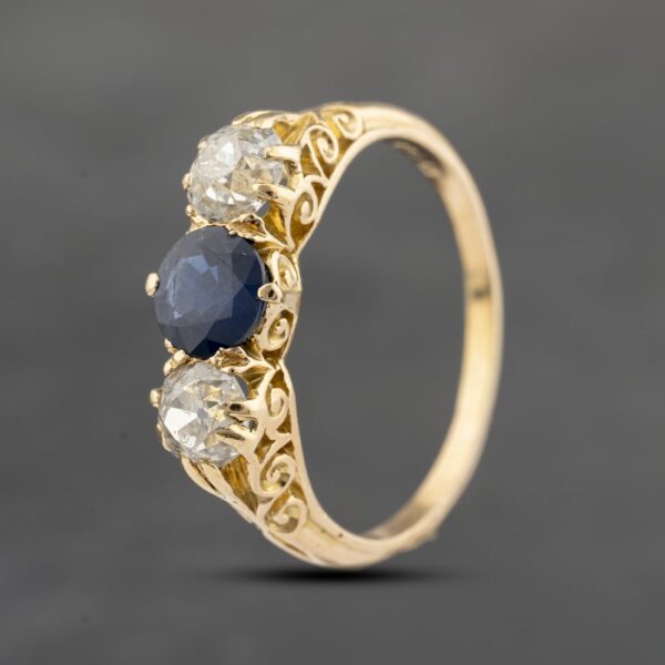 Pre-Owned Antique 18ct Yellow Gold Sapphire & 1.00ct Diamond Three Stone Ring 41482302