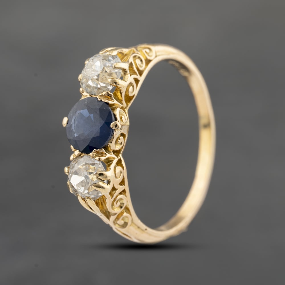 Pre-Owned Antique 18ct Yellow Gold Sapphire & 1.00ct Diamond Three Stone Ring 41482302