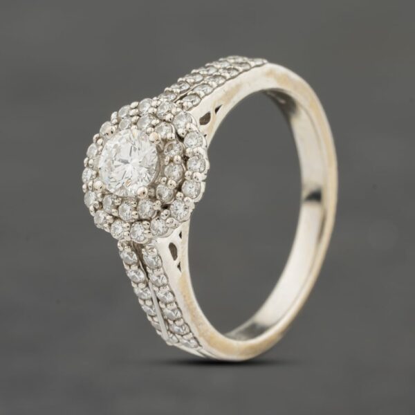 Pre-Owned 18ct White Gold 0.82ct Diamond Halo Two Row Shoulders Cluster Ring 41482492