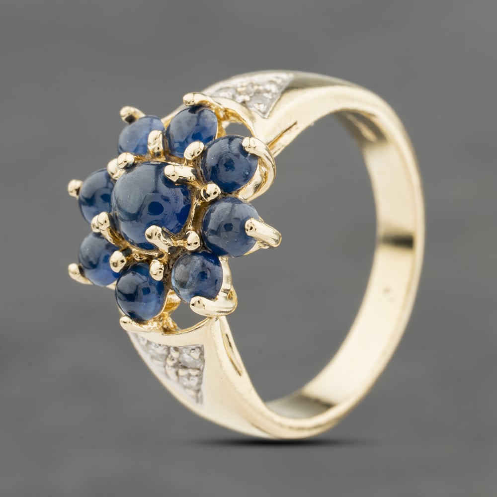 Pre-Owned 9ct Yellow Gold Sapphire & 0.12ct Brilliant Cut Diamond Flower Cluster Ring 41482573