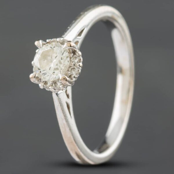 Pre-Owned 18ct White Gold 0.46ct Brilliant Cut Diamond Halo Solitaire Ring 4148581113